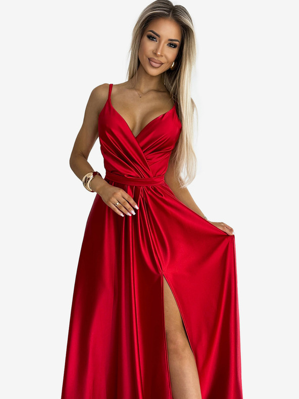 numoco Elegantes langes Satinkleid mit Dekolleté und Beinschlitz - rot Numoco JULIET