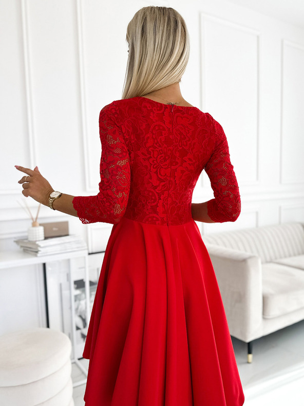 numoco Kleid mit Spitzenausschnitt und längerem Rücken - rot Numoco NICOLLE