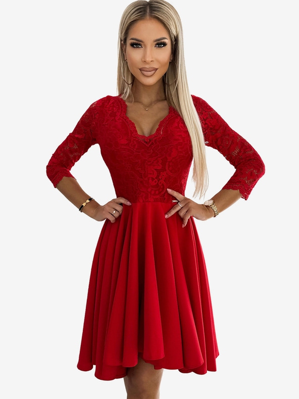numoco Kleid mit Spitzenausschnitt und längerem Rücken - rot Numoco NICOLLE