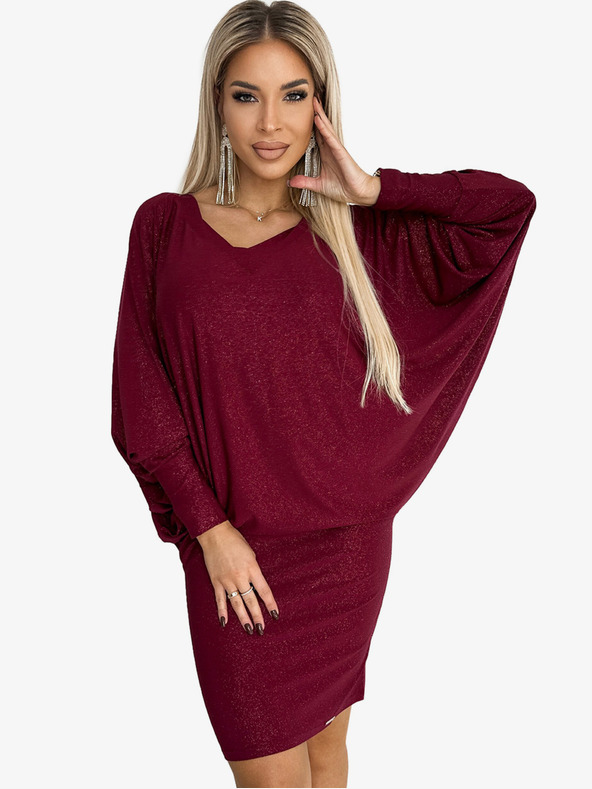 numoco Fledermauskleid mit Ausschnitt - burgunderrot mit Glitzer Numoco