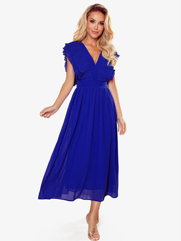 numoco Midikleid mit Rüschen und Ausschnitt - blau Numoco YANA