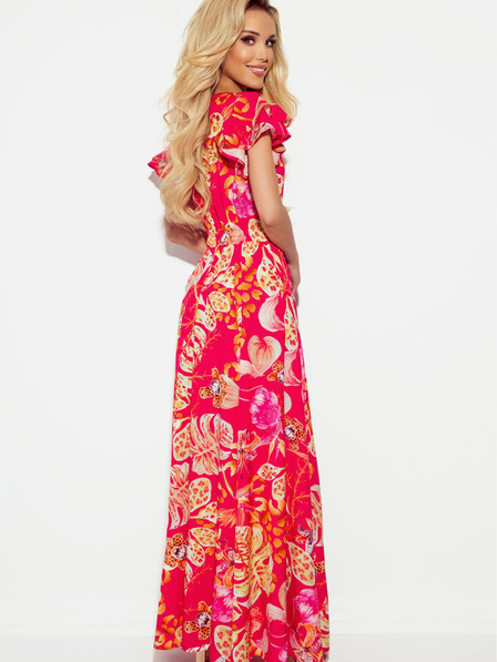 numoco Langes Kleid mit Ausschnitt und Rüschen - Rosa mit Blumen Numoco LIDIA