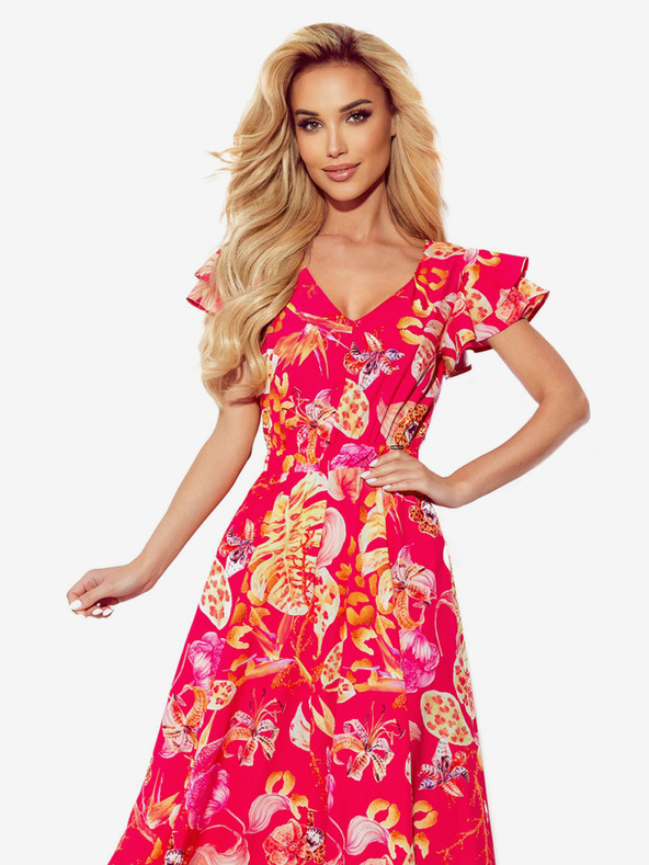numoco Langes Kleid mit Ausschnitt und Rüschen - Rosa mit Blumen Numoco LIDIA