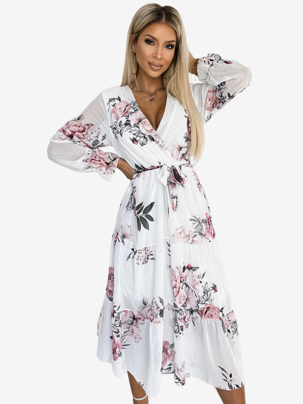 numoco Midikleid mit Dekolleté und Gürtel - Weiß mit Rosen Numoco VALENTINA