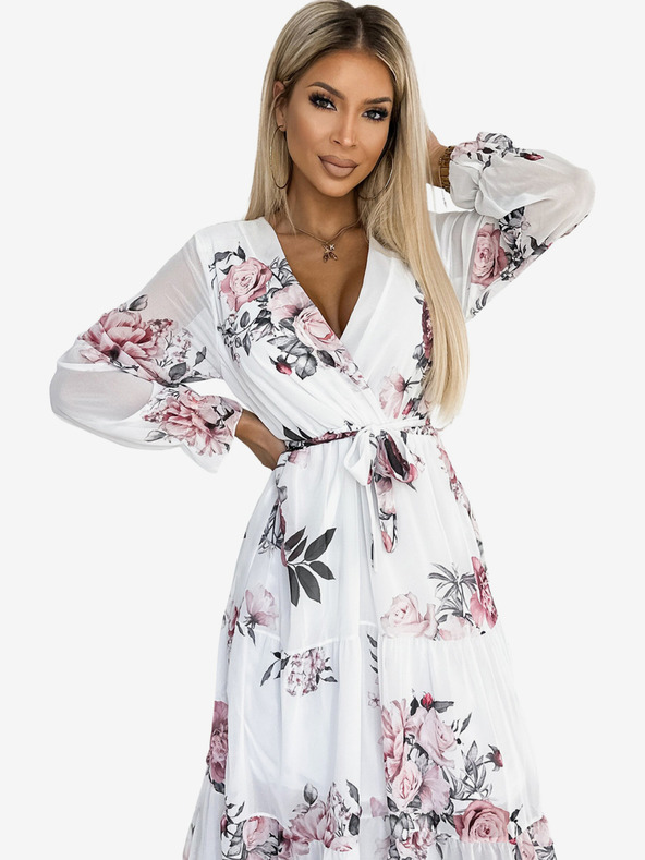 numoco Midikleid mit Dekolleté und Gürtel - Weiß mit Rosen Numoco VALENTINA