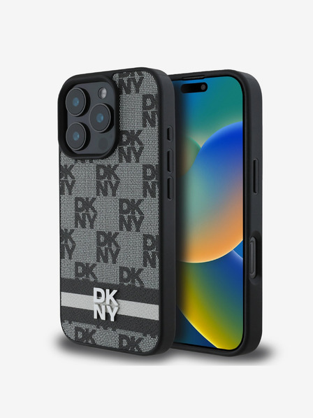 DKNY DKNY PU Leder Karomuster und Streifen Back Cover für iPhone 16 Pro Schwarz