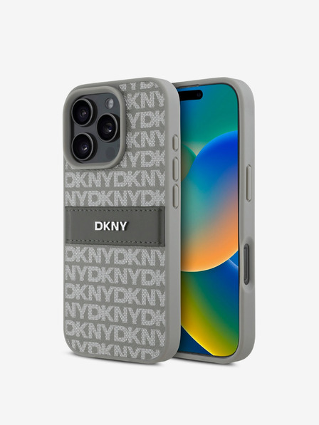 DKNY DKNY PU Leder Wiederholungsmuster Tonal Stripe Back Cover für iPhone 16 Pro Beige