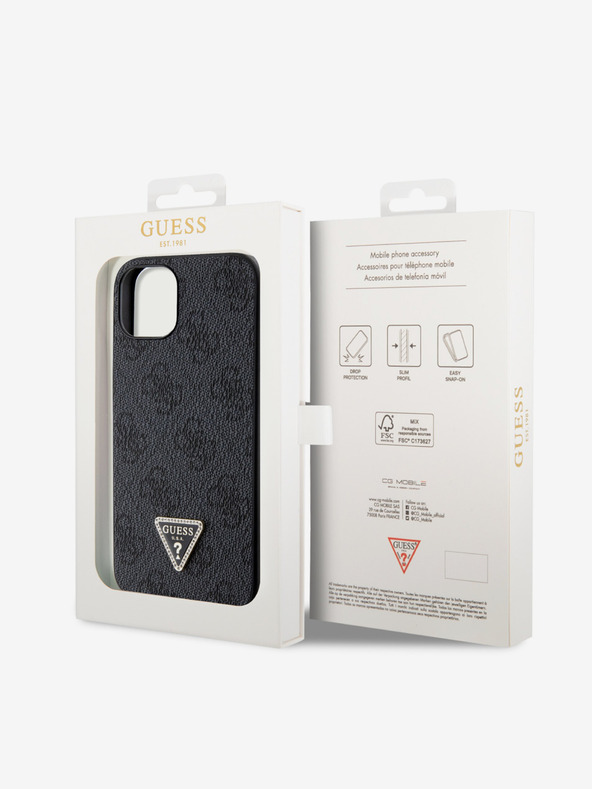 Guess Guess PU 4G Strass-Dreieck Metall-Logo-Rückseite für iPhone 15 Schwarz