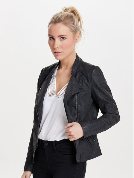 ONLY Schwarze kurvige Damenlederjacke mit Taschen ONLY Biker