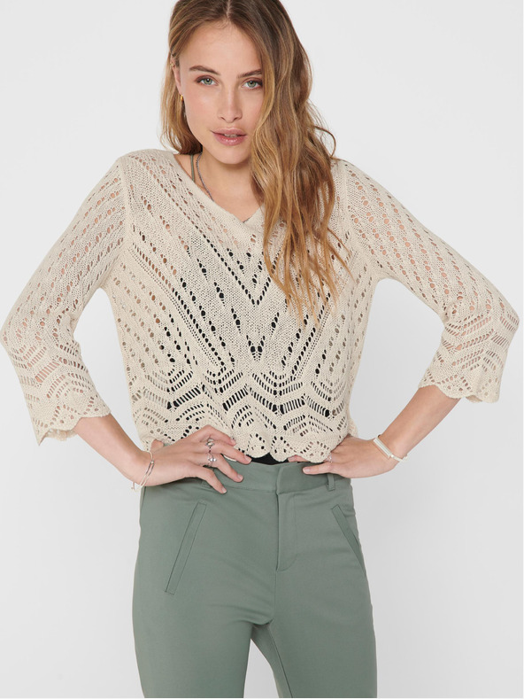 Jacqueline de Yong Cremefarbenes gemustertes Crop-Top 3/4-Arm-Pullover JDY Neu
