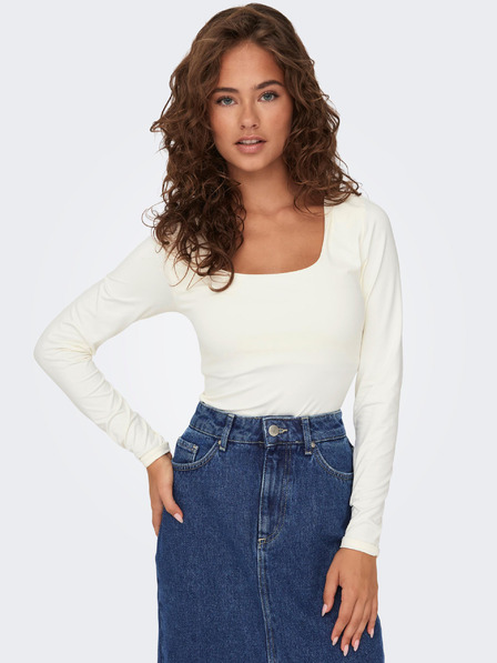 ONLY Cremefarbenes Damen-Basic-T-Shirt mit langen Ärmeln ONLY Lea