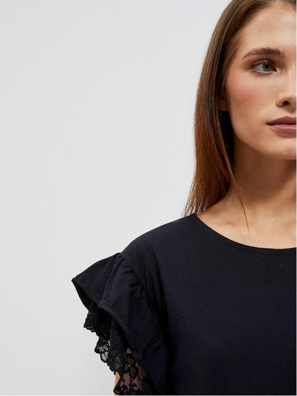 Moodo Schwarze Damenbluse mit Rüschen an den Schultern Moodo