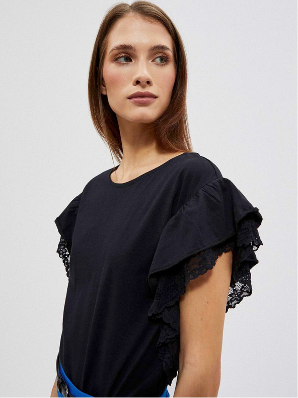 Moodo Schwarze Damenbluse mit Rüschen an den Schultern Moodo