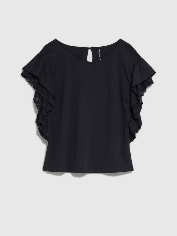 Moodo Schwarze Damenbluse mit Rüschen an den Schultern Moodo