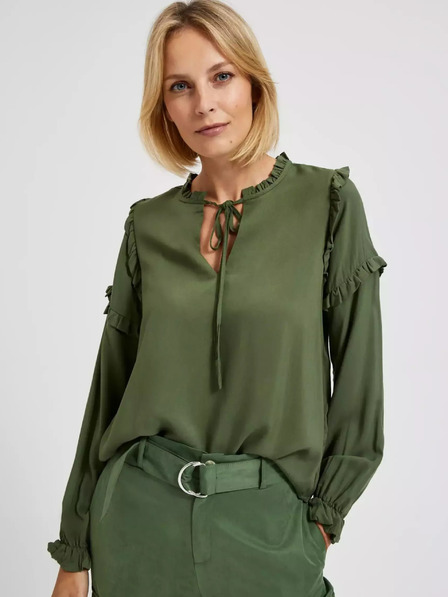 Moodo Khakifarbene Bluse mit Rüschen an den Ärmeln Moodo