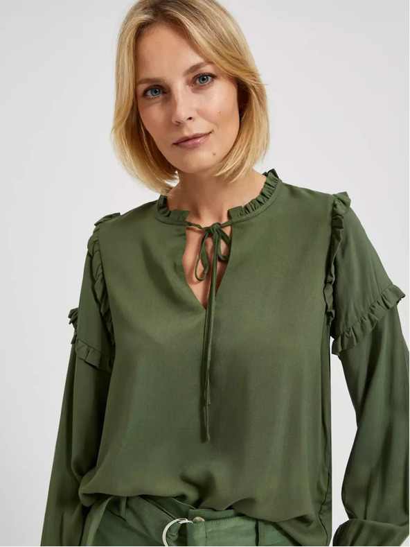 Moodo Khakifarbene Bluse mit Rüschen an den Ärmeln Moodo