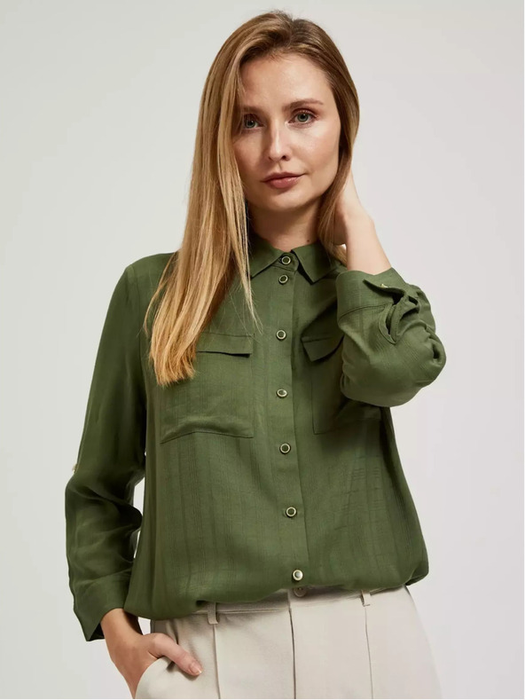Moodo Khakifarbene Bluse mit Taschen und langen Ärmeln Moodo