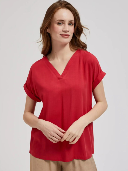 Moodo Rotes Shirt mit V-Ausschnitt und kurzen Ärmeln Moodo
