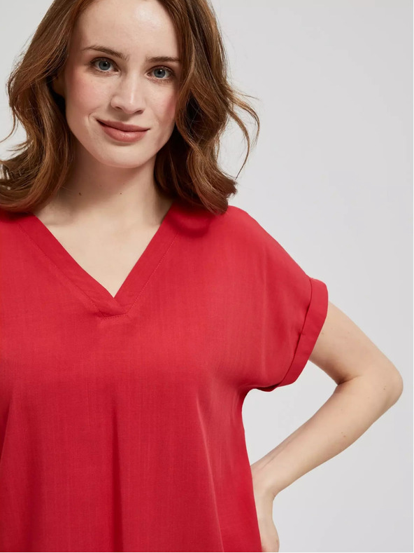 Moodo Rotes Shirt mit V-Ausschnitt und kurzen Ärmeln Moodo