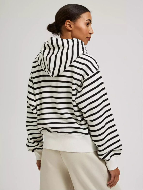 Moodo Schwarz-weißer dünn gestreifter Kapuzenpullover mit Reißverschluss Moodo