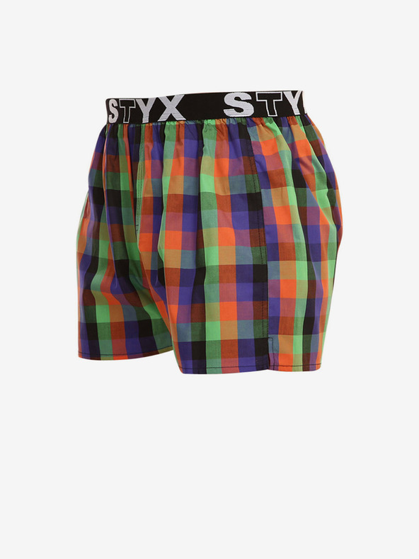 Styx Grün-orange karierte Herrenshorts mit Sport-Gummizug Styx