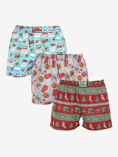 Styx Dreier-Set gemusterte Shorts für Herren in hellblau, grau und rot STYX