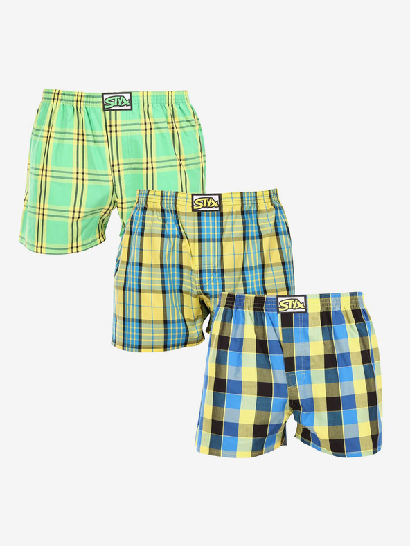 Styx Dreierpack karierte Shorts für Herren in hellgrün, gelb und blau STYX