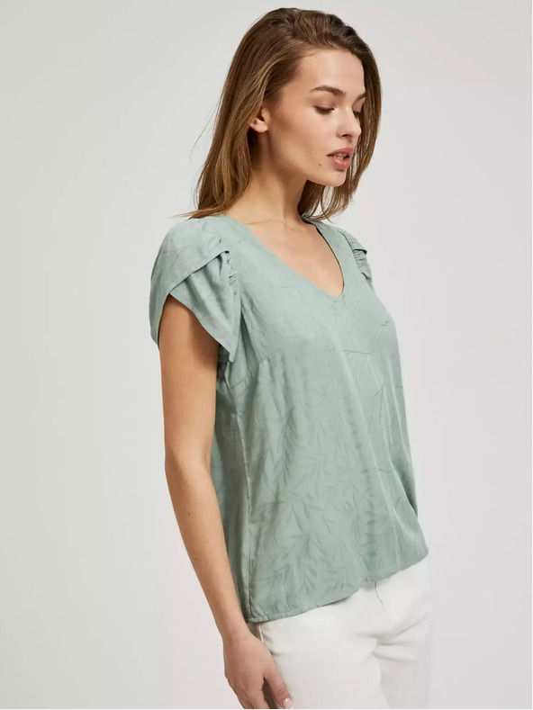 Moodo Grünes T-Shirt mit V-Ausschnitt und gerüschten Ärmeln Moodo