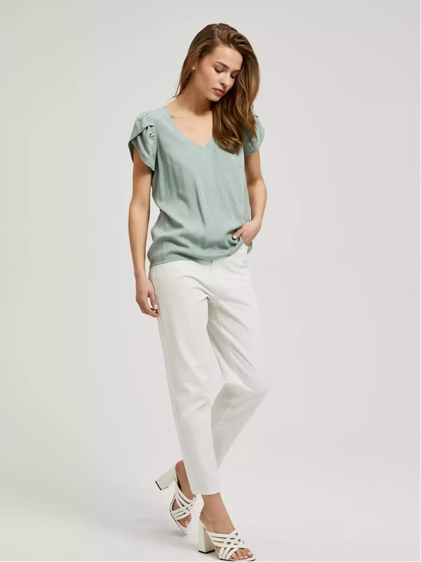 Moodo Grünes T-Shirt mit V-Ausschnitt und gerüschten Ärmeln Moodo