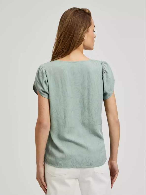 Moodo Grünes T-Shirt mit V-Ausschnitt und gerüschten Ärmeln Moodo