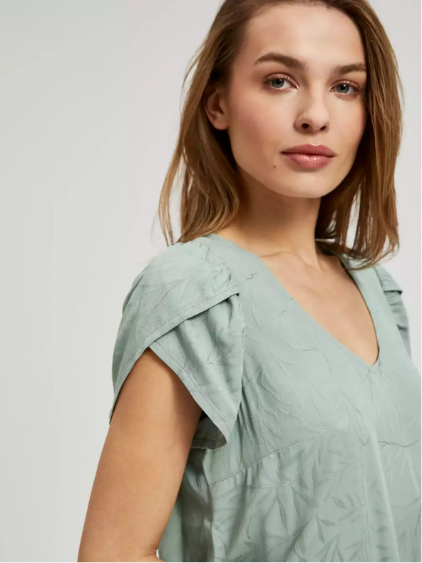 Moodo Grünes T-Shirt mit V-Ausschnitt und gerüschten Ärmeln Moodo