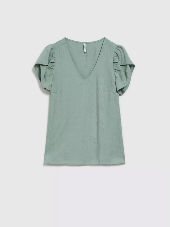 Moodo Grünes T-Shirt mit V-Ausschnitt und gerüschten Ärmeln Moodo