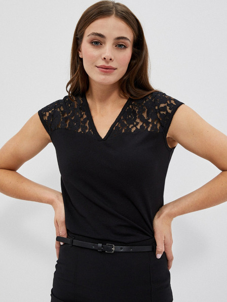 Moodo Schwarzes T-Shirt mit V-Ausschnitt und Spitze von Moodo