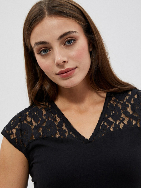 Moodo Schwarzes T-Shirt mit V-Ausschnitt und Spitze von Moodo