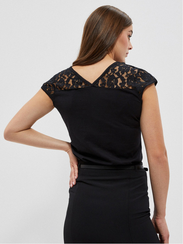 Moodo Schwarzes T-Shirt mit V-Ausschnitt und Spitze von Moodo