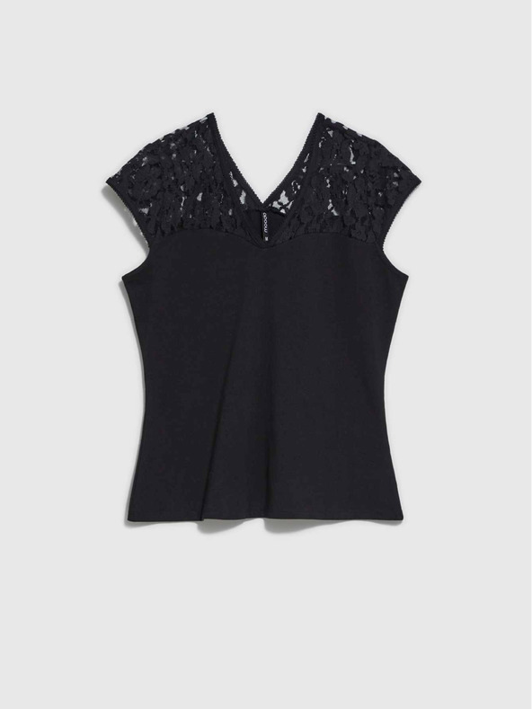 Moodo Schwarzes T-Shirt mit V-Ausschnitt und Spitze von Moodo