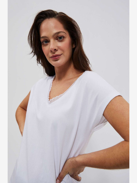 Moodo Weißes Damen-T-Shirt mit V-Ausschnitt und Spitze Moodo