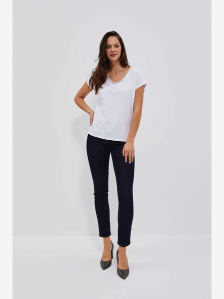 Moodo Weißes Damen-T-Shirt mit V-Ausschnitt und Spitze Moodo