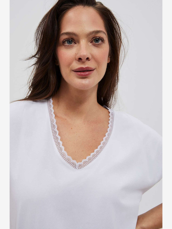 Moodo Weißes Damen-T-Shirt mit V-Ausschnitt und Spitze Moodo