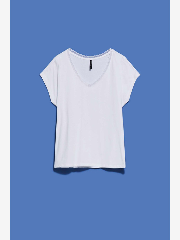 Moodo Weißes Damen-T-Shirt mit V-Ausschnitt und Spitze Moodo