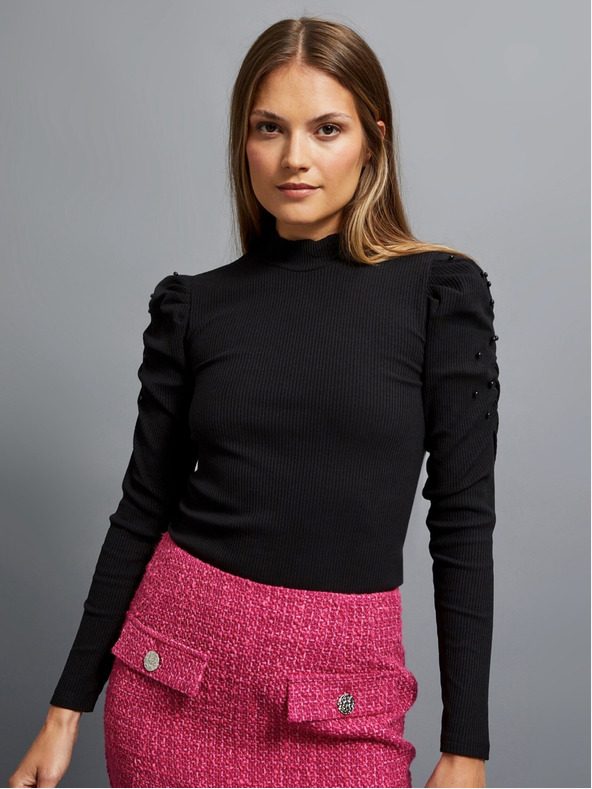 Moodo Schwarze Damen-Rippenbluse mit Puffärmeln und Rollkragen Moodo