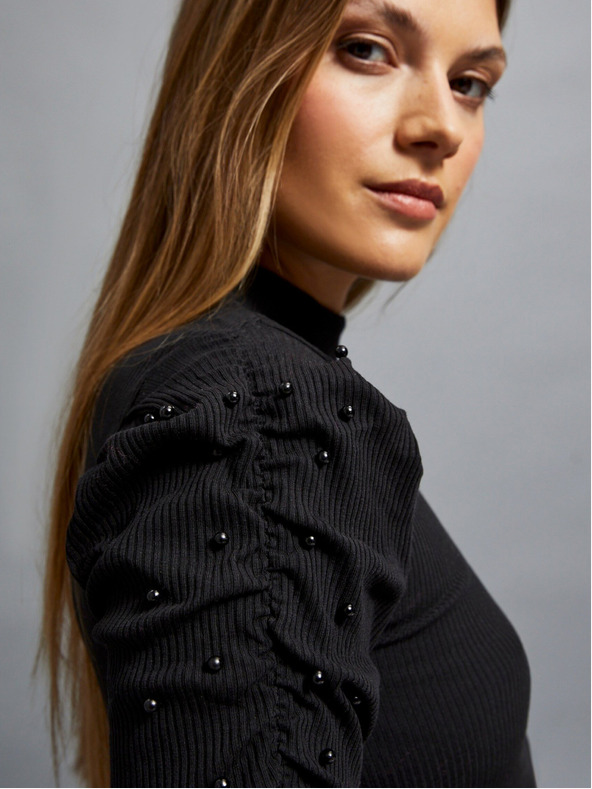 Moodo Schwarze Damen-Rippenbluse mit Puffärmeln und Rollkragen Moodo