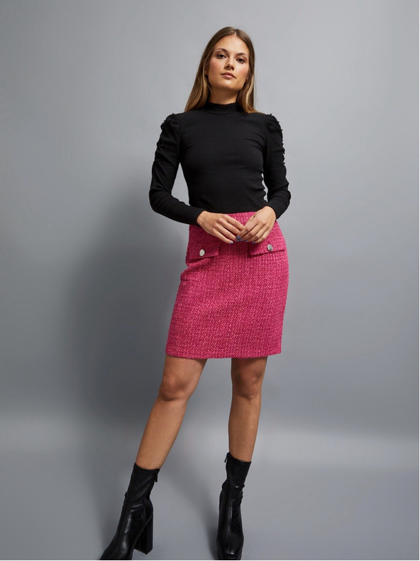 Moodo Schwarze Damen-Rippenbluse mit Puffärmeln und Rollkragen Moodo