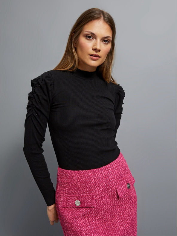 Moodo Schwarze Damen-Rippenbluse mit Puffärmeln und Rollkragen Moodo