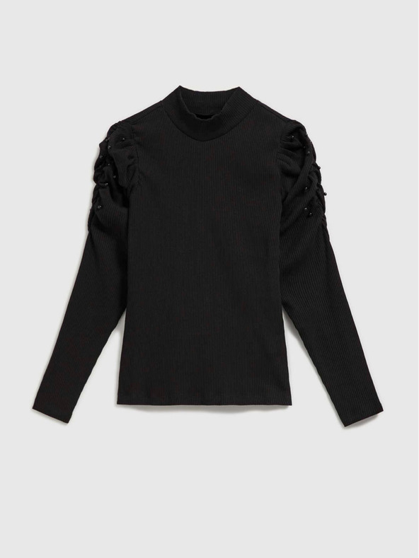 Moodo Schwarze Damen-Rippenbluse mit Puffärmeln und Rollkragen Moodo