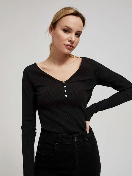 Moodo Schwarzes geripptes Damen-Button-Down-Shirt Moodo