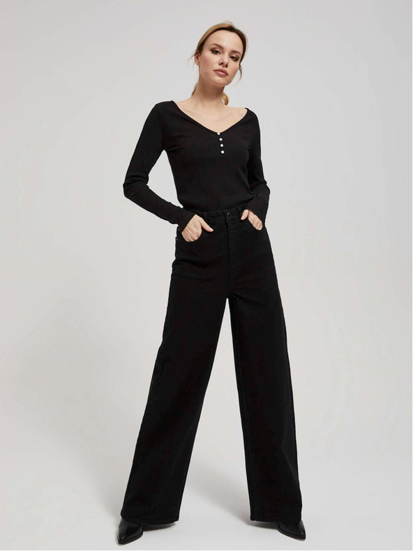 Moodo Schwarzes geripptes Damen-Button-Down-Shirt Moodo