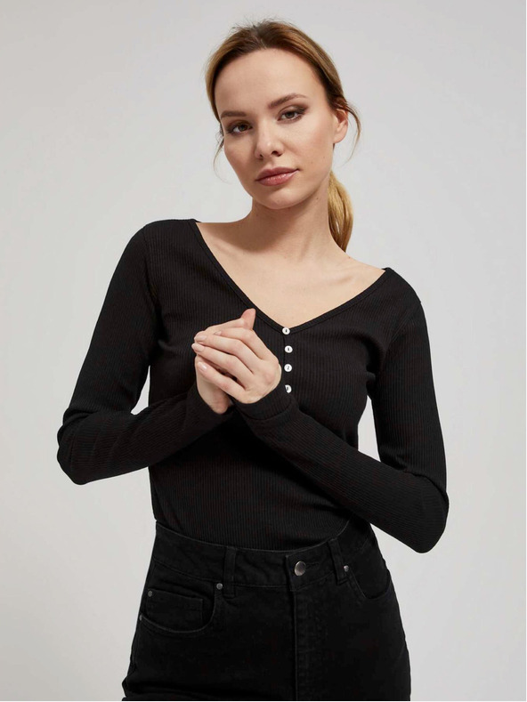 Moodo Schwarzes geripptes Damen-Button-Down-Shirt Moodo