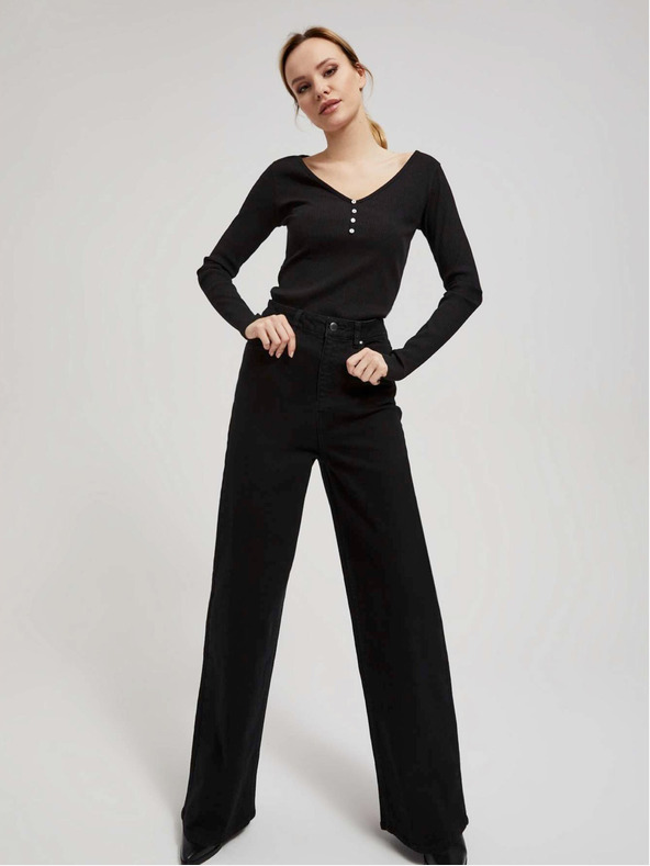 Moodo Schwarzes geripptes Damen-Button-Down-Shirt Moodo