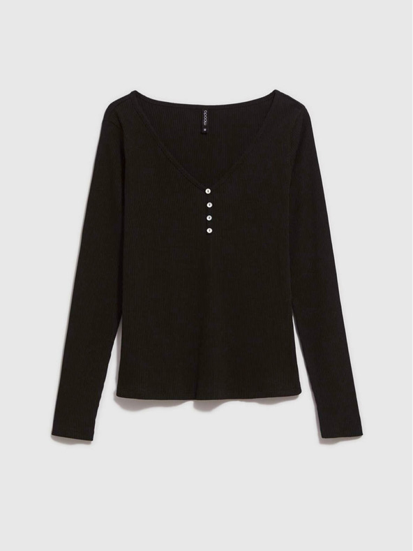 Moodo Schwarzes geripptes Damen-Button-Down-Shirt Moodo